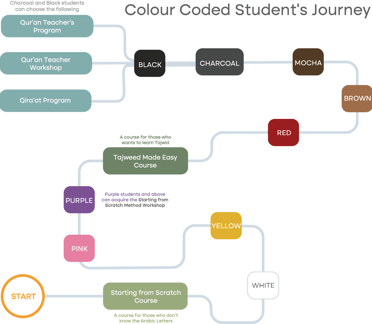 Colour Coded Student's Journey flowchart showing the progression from Starting from Scratch Course through various color-coded levels to advanced programs